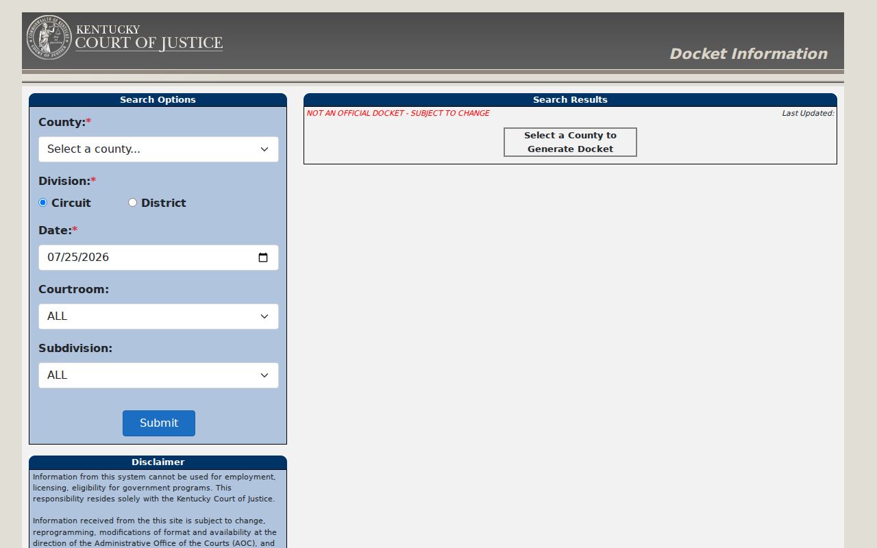 Shelby County criminal court cases Kentucky docket search interface